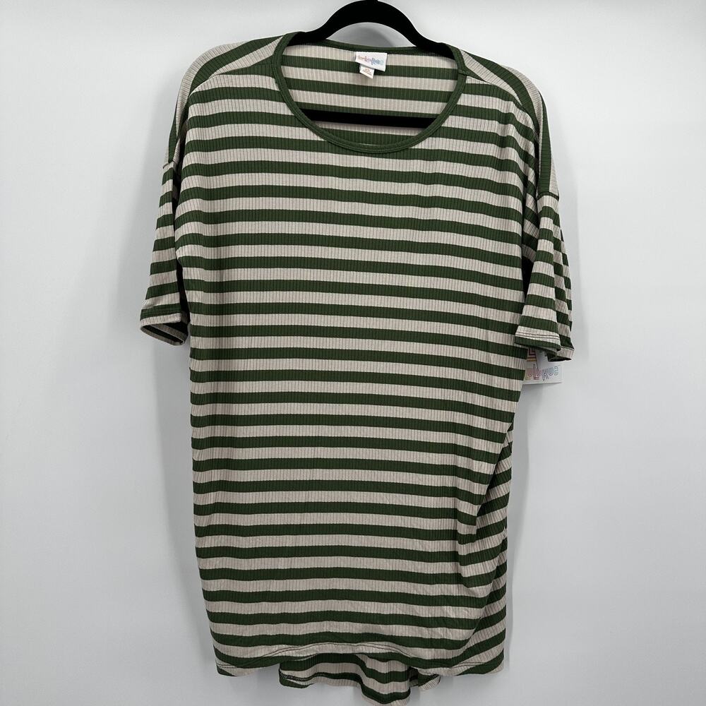 LuLaRoe Shirt Womens XS Green White Striped Irma‎ Tunic Stretch Rayon Spandex